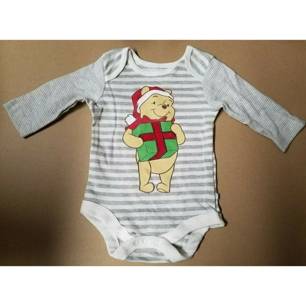Disney Winnie The Poo Newborn One Piece Long Sleeve Bodysuit Gray/White 0-3 M